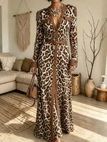 Women's Leopard Print Long-sleeve V-neck Cardigan Long Dress(Belt not included)