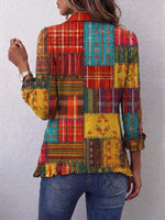 Retro Floral Patchwork Pattern Art Print Ruffle Casual Stylish Cotton Lapel Coat
