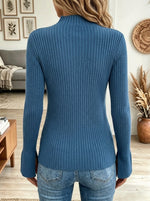 Women's Mock Neck Asymmetric Button Ribbed Sweater