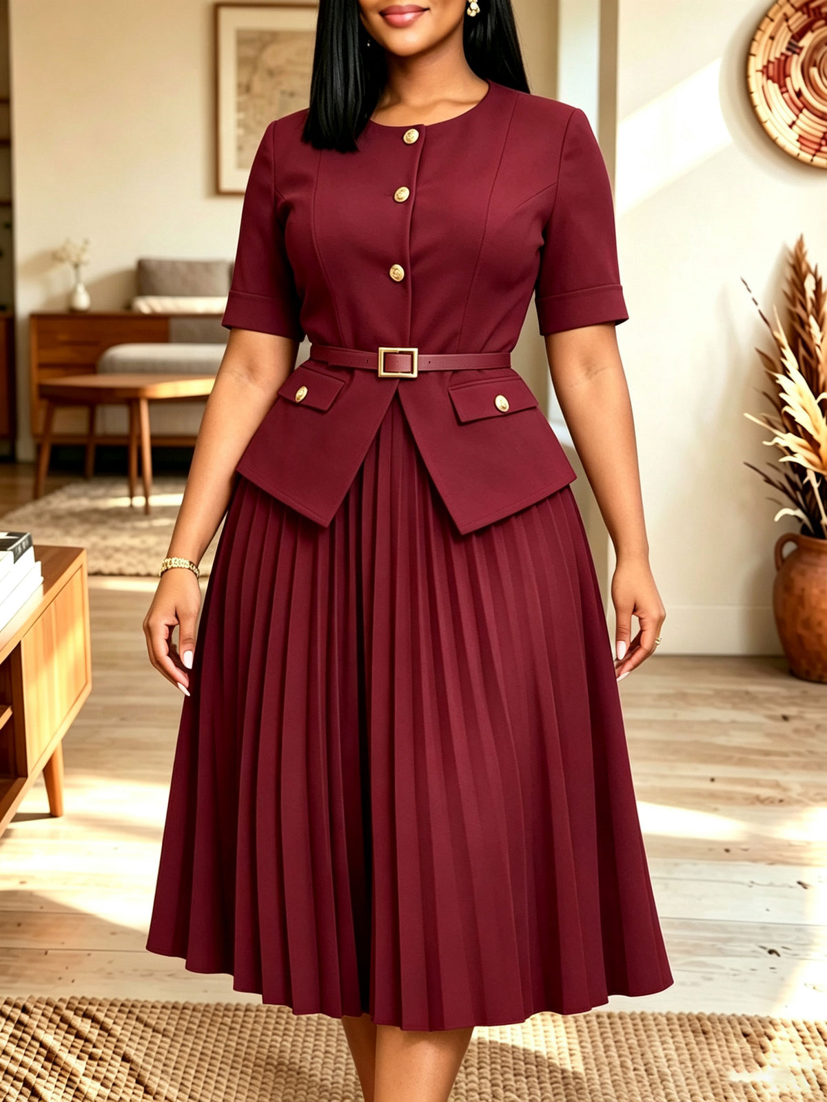 Women Burgundy Gold‑button Belted Pleated Midi Two‑piece Dress Set