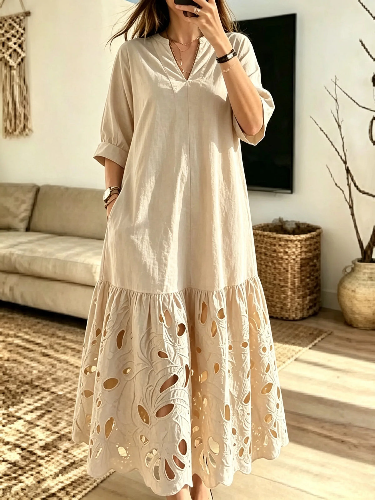 Women's Solid Hollow Out Art V-Neck Loose Maxi Dress
