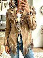 Women Collared Fringe Jacket