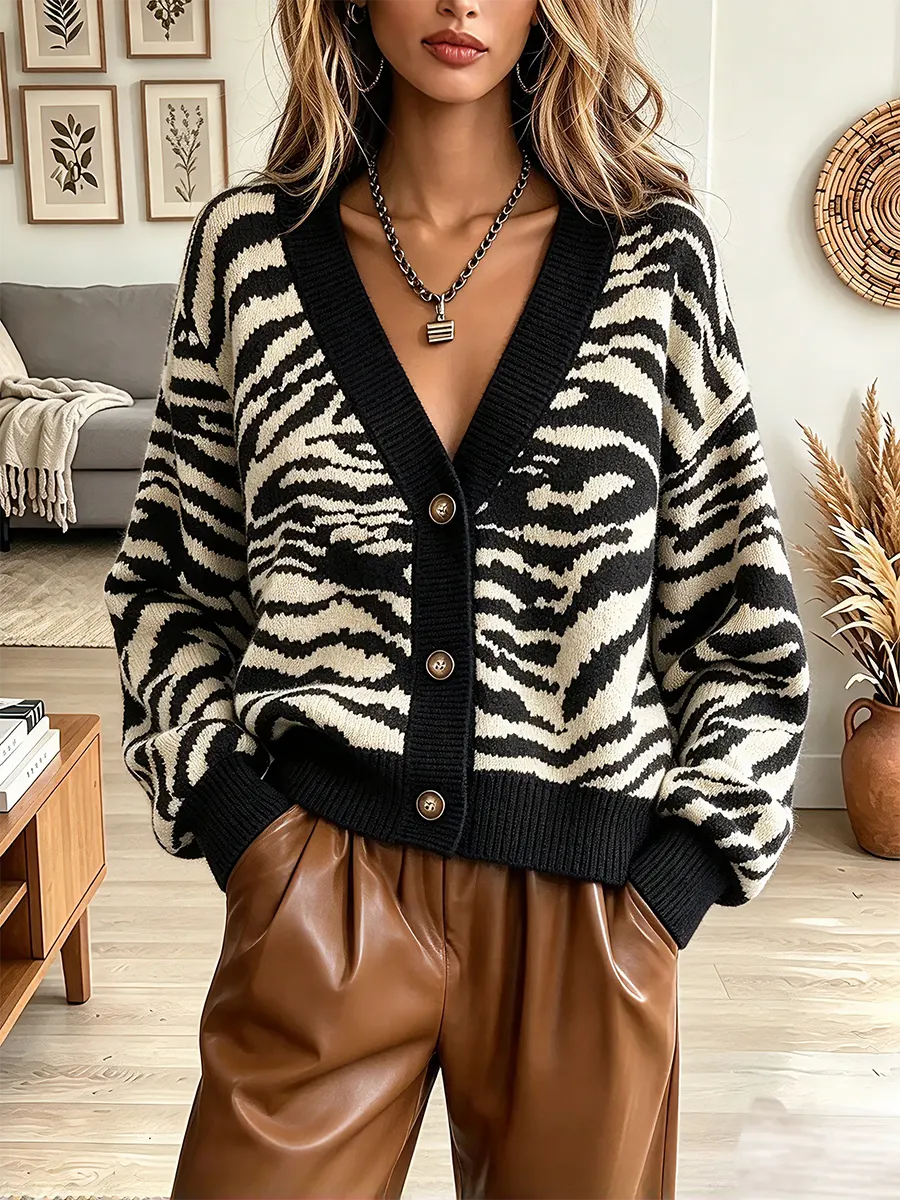 Vintage Elegant Zebra Stripes Button Knit Sweater Jacket