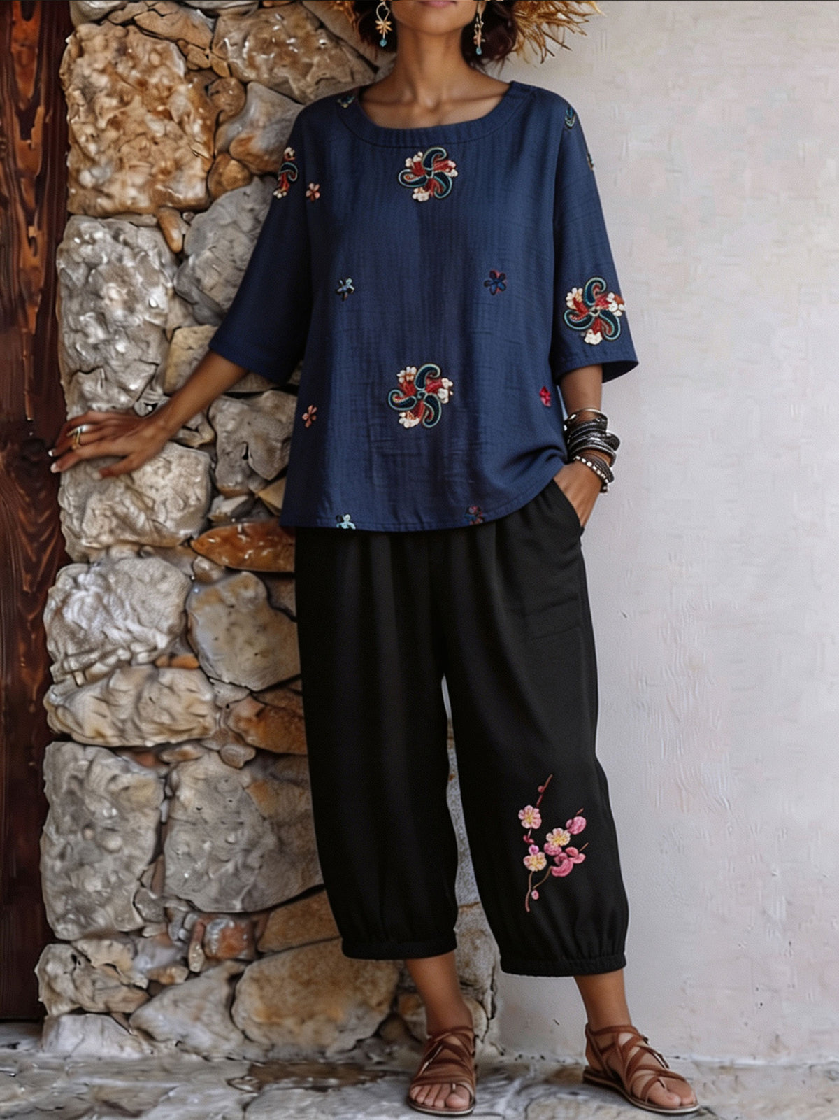Womens’ Floral Embroidery Three Quarter Sleeve Top & Cropped Jogger Pants Two Piece Set