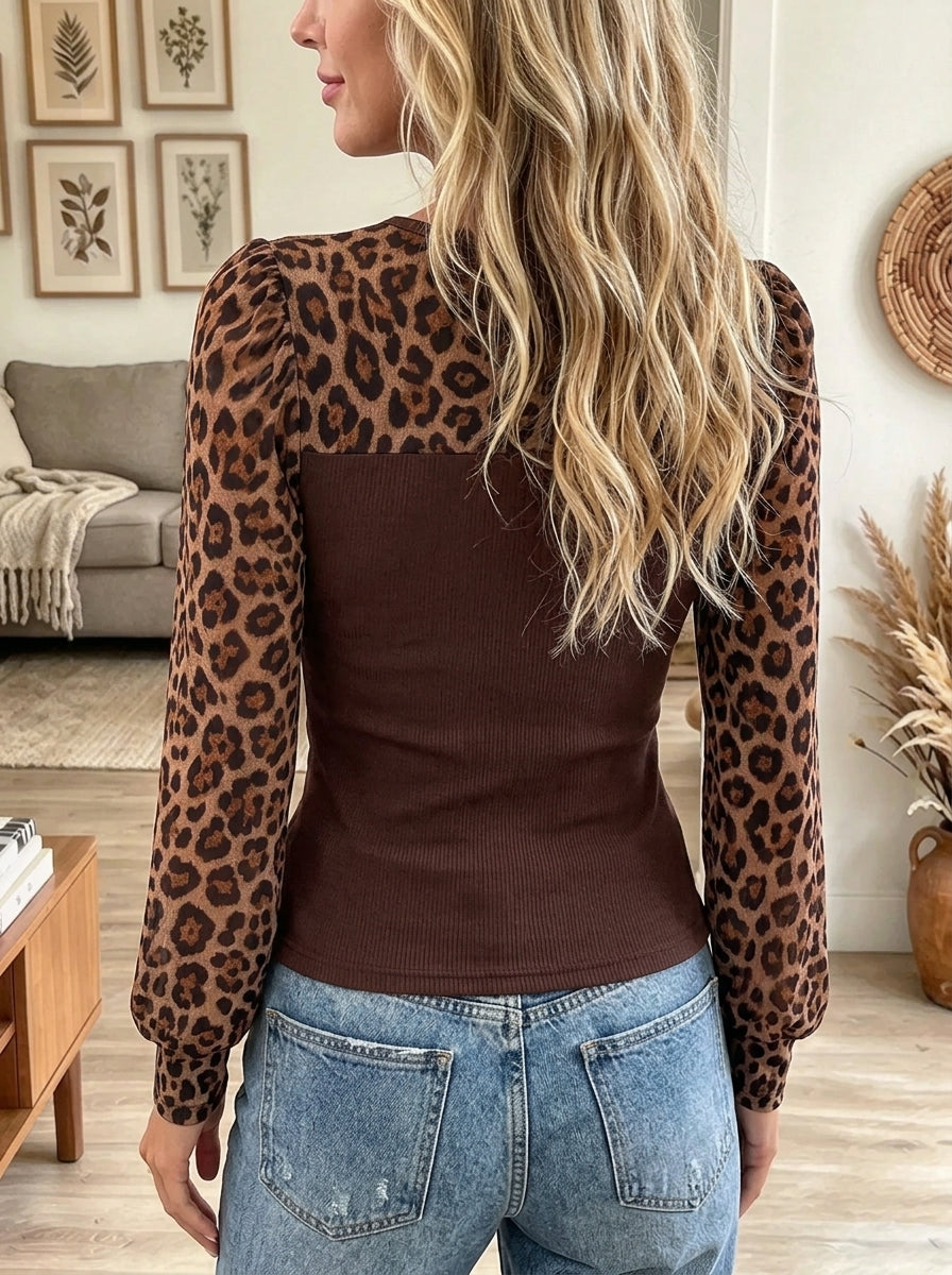 Women's Leopard Contrast Cutout Ribbed Top