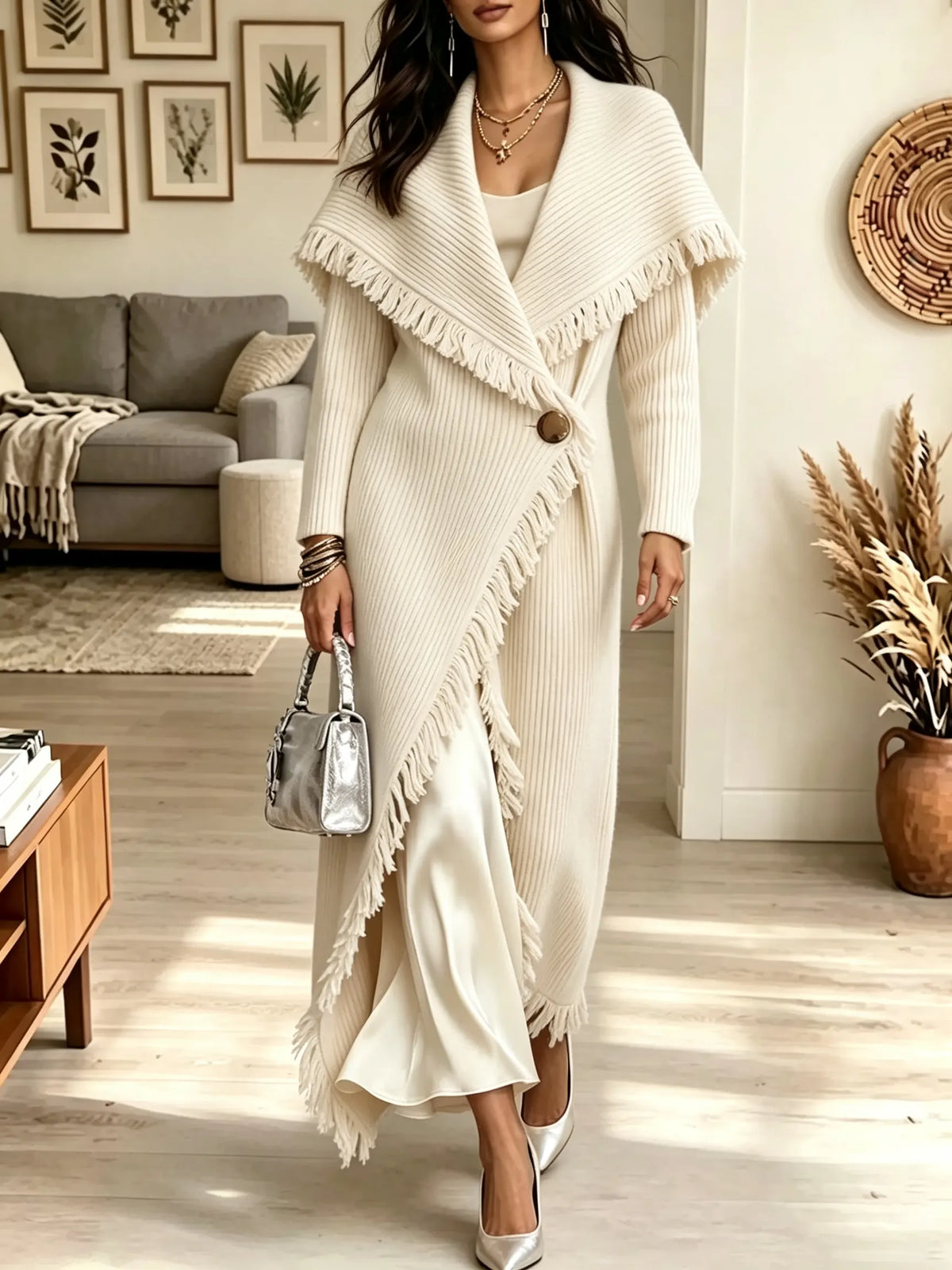 Women's Shawl Collar Fringe Trim Ribbed Knit Long Cardigan Coat