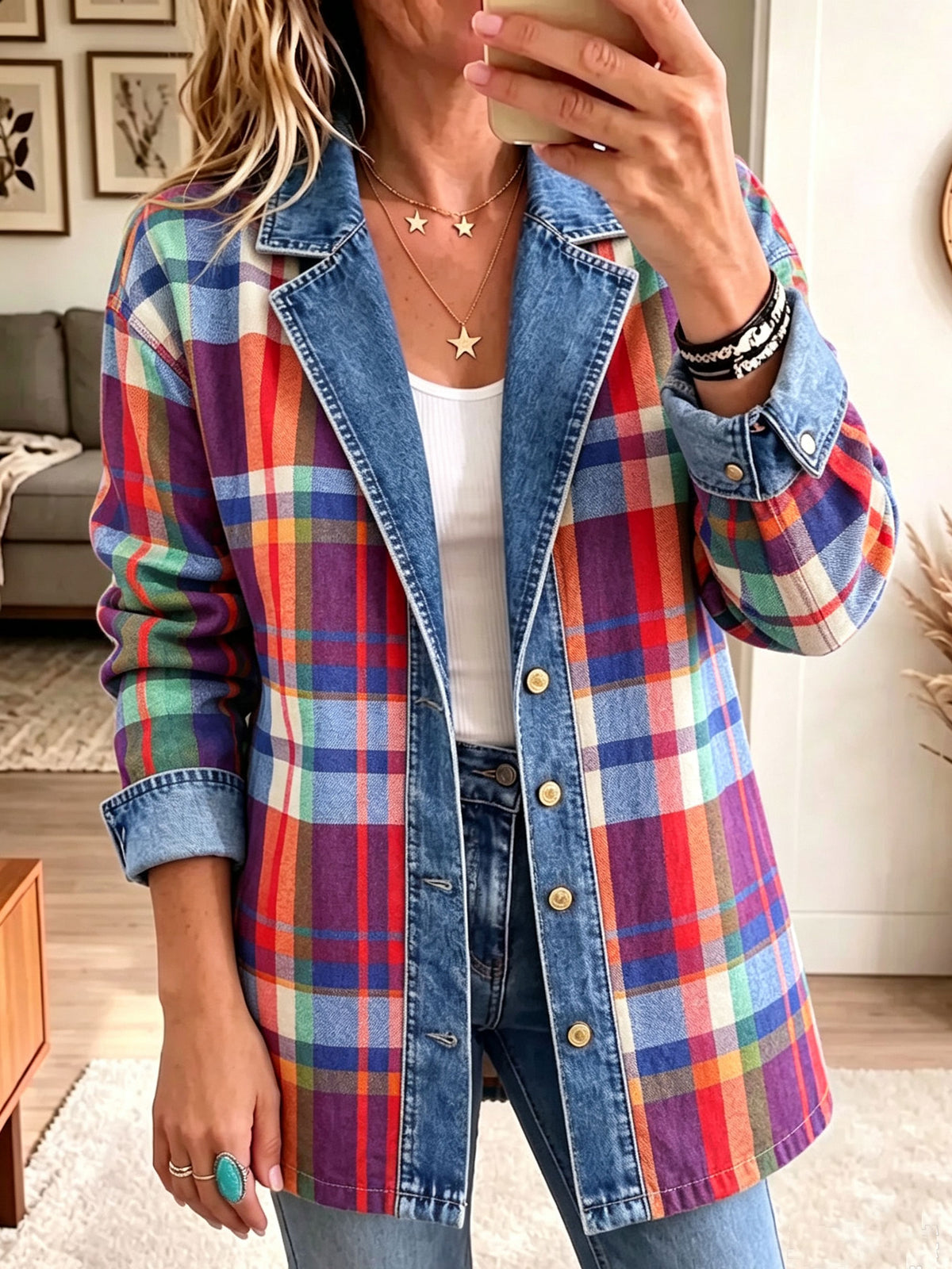 Women Lapel Button Casual Colorful Madras Plaid Denim Spliced Blazer Jacket Outerwear