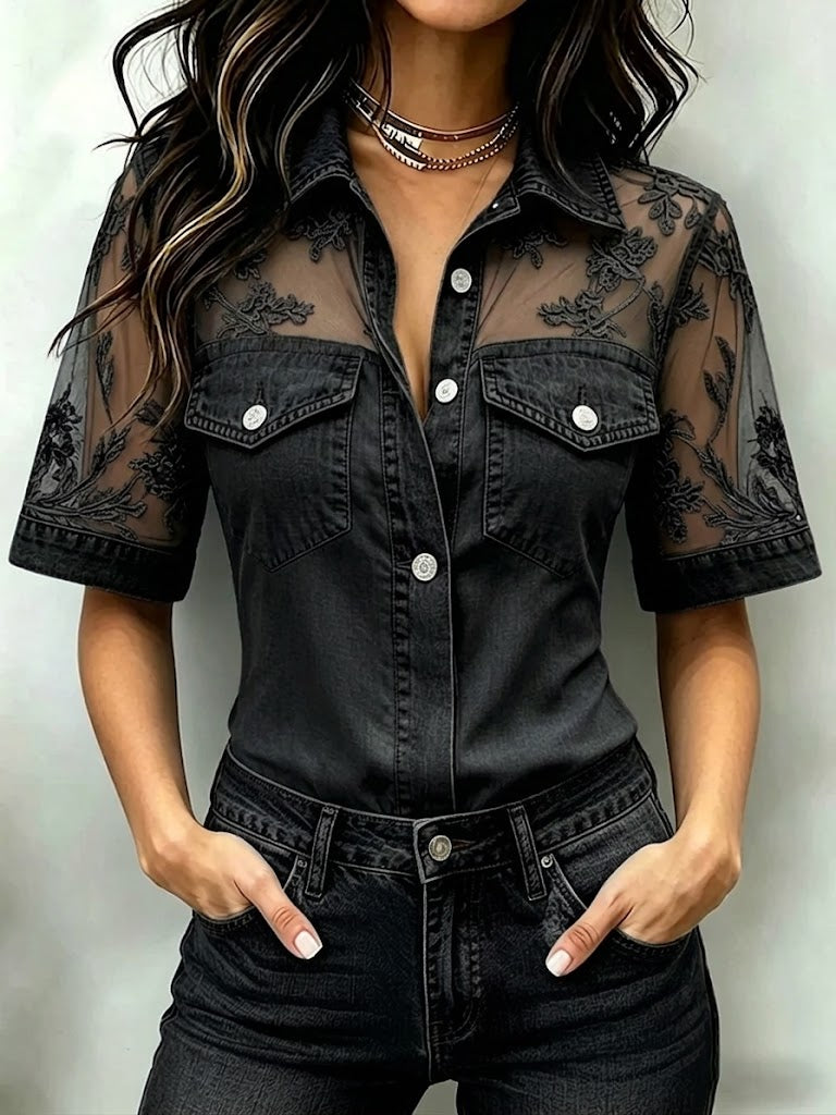 Stylish Casual Spliced lace Denim Shirt