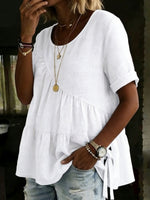 Women's Round Neck Cotton Linen Solid Color Loose Short-sleeved Shirt