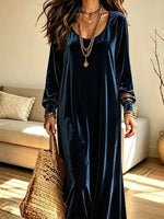 Retro Velvet Art Casual Stylish Round Collar Long Sleeve Long Dress