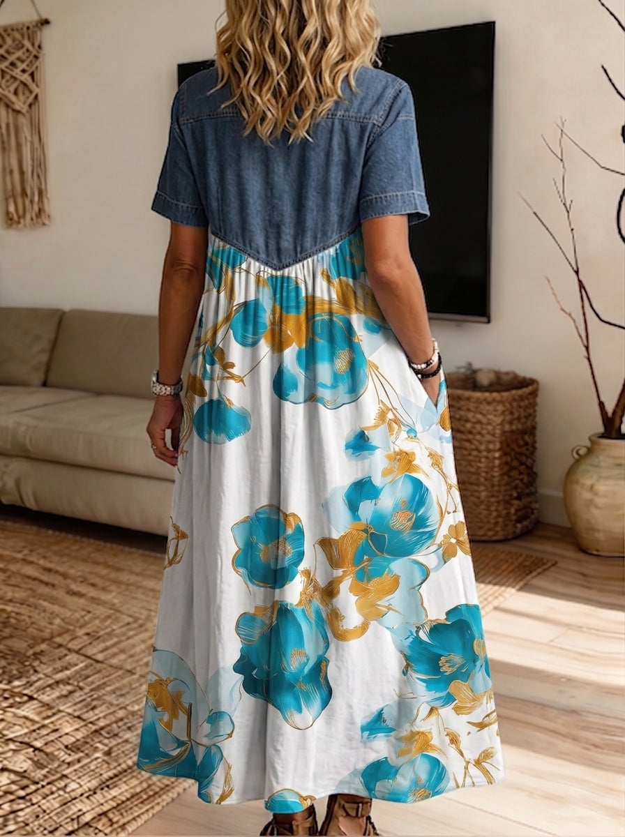 Women’s Denim Spliced Blue Gold Floral Print Midi Shirt Dress With Pockets