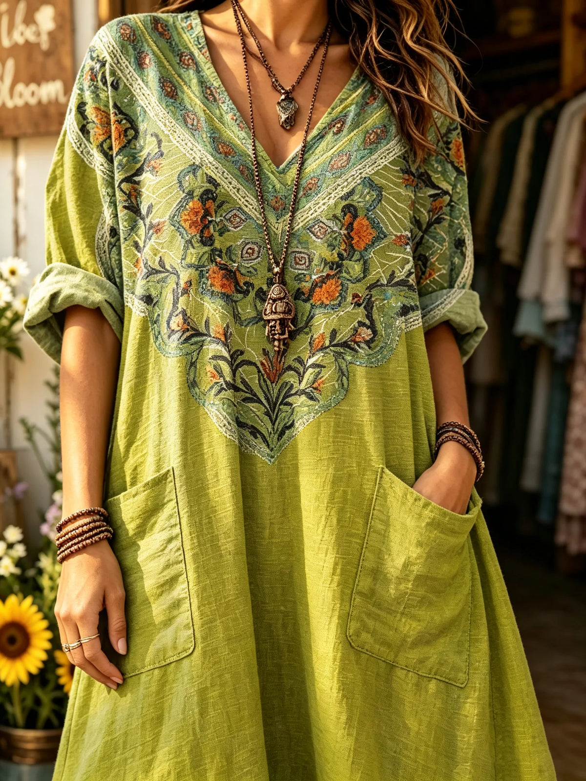 Women's Solid Body Ethnic Geometric Yoke Print V-neck Maxi Dress