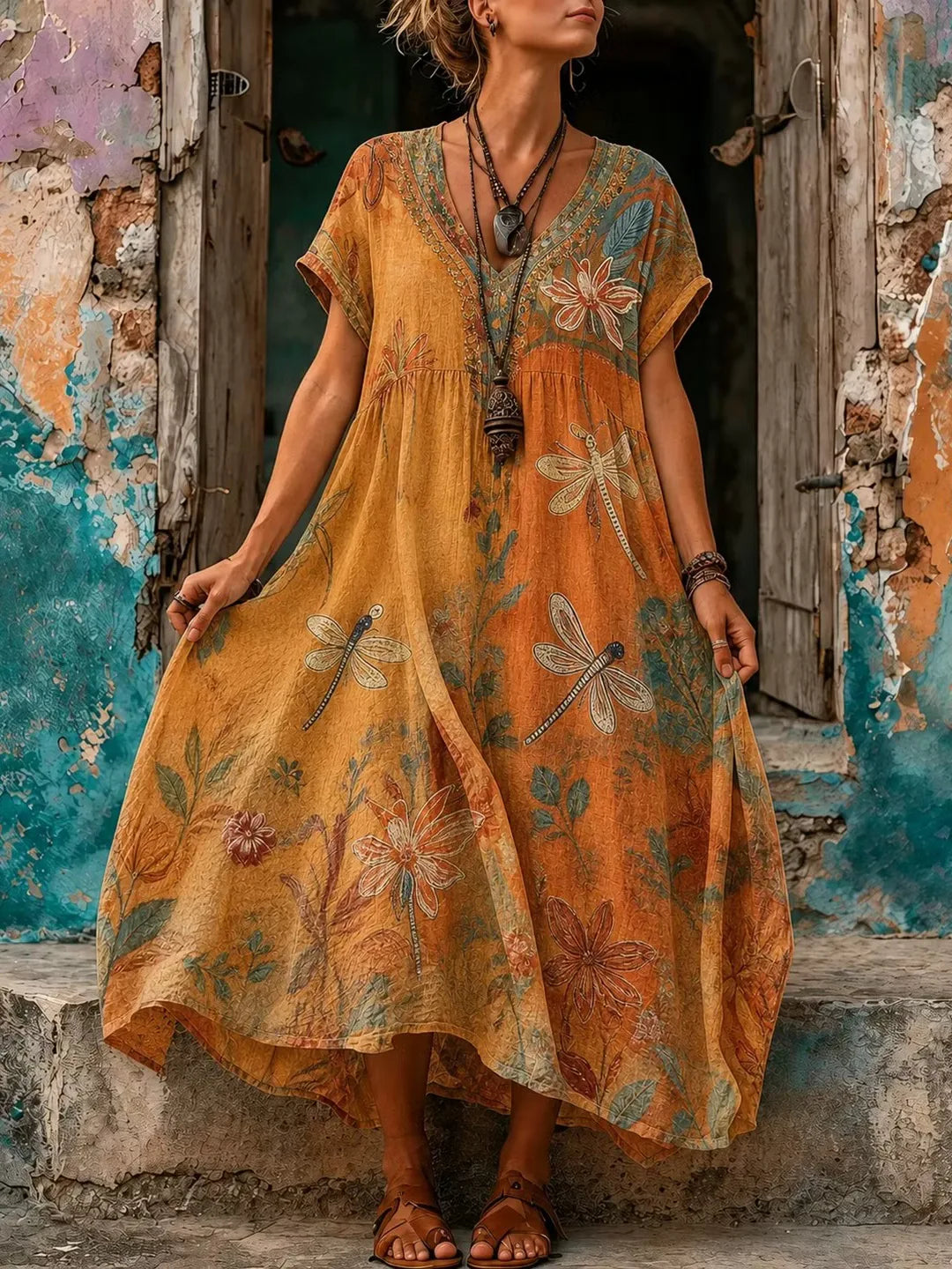 Women's Vintage Washed Dragonfly Floral Plant Print V-Neck Short Sleeve Maxi Dress