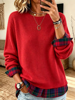 Women Crew Neck Long Sleeve Mock Two‑piece Plaid Spliced Knit Sweater Top