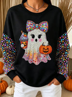Vintage Autumn Halloween Ghost Pumpkin Art Print Crewneck Sweatshirt