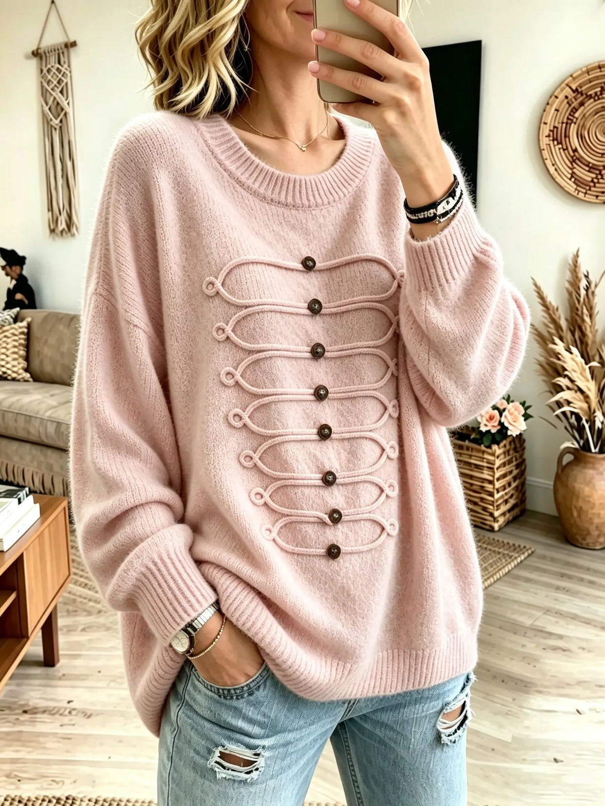 Women's Military Braided Frogs Crewneck Sweater
