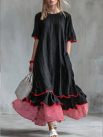 Casual Patchwork Red Striped Short-sleeved Dress