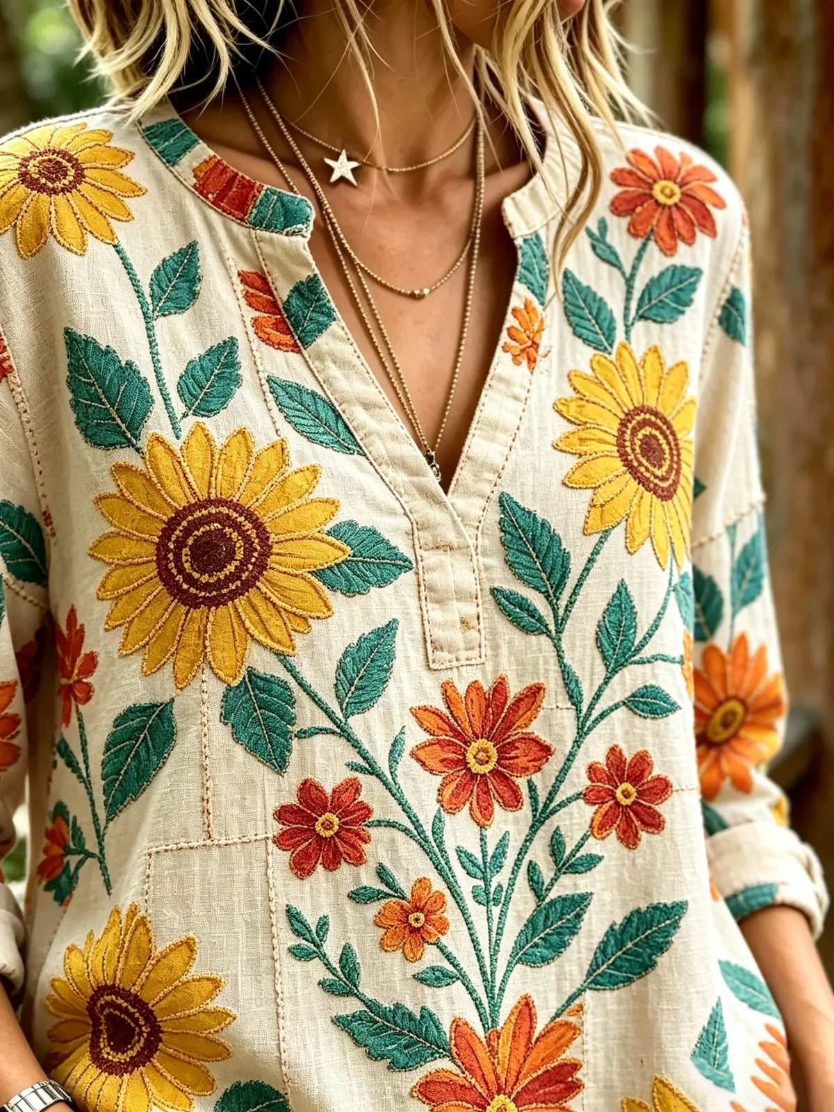 Women's Sunflower Floral Print V Neck 3/4 Sleeve Blouse