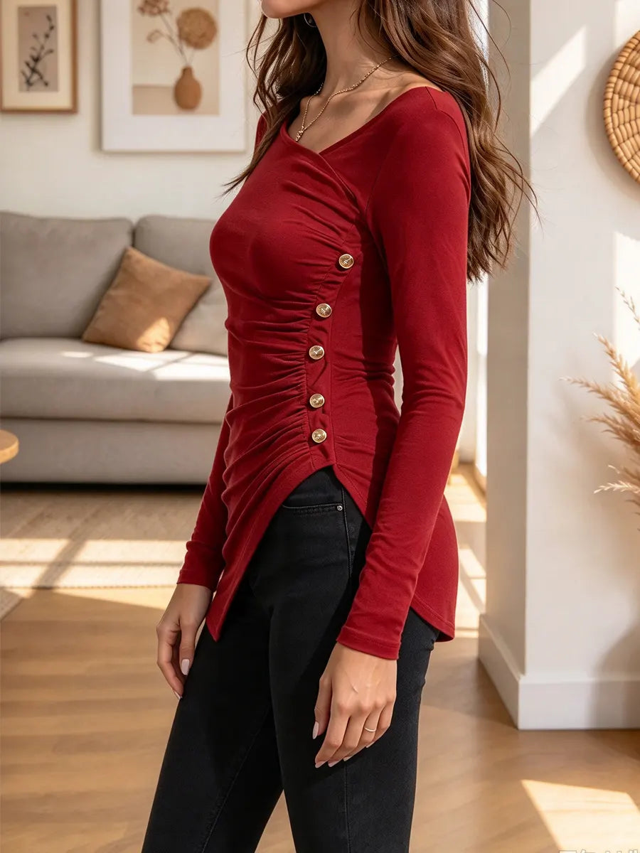 Retro Asymmetrical Neckline Art Casual Stylish Long Sleeve Top
