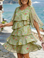 Women’s Green Paisley Floral Split Flare Sleeve Tiered Ruffle Chiffon Mini Dress
