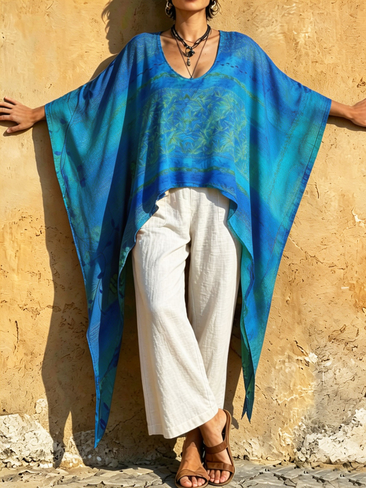 Women‘s Boho Blue Gradient Leaf Print Batwing Kaftan Tunic Top