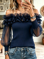 Women's Pleated Ruffle Sheer Sleeve Off-the-Shoulder Top