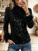 Women's Sequin Feather Cuff Mock Neck Top