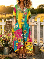 Women's Sunflower Dove Guitar Patchwork Print V-Neck Midi Dress