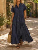 Women's Tiered Short Sleeve Denim Maxi Dress
