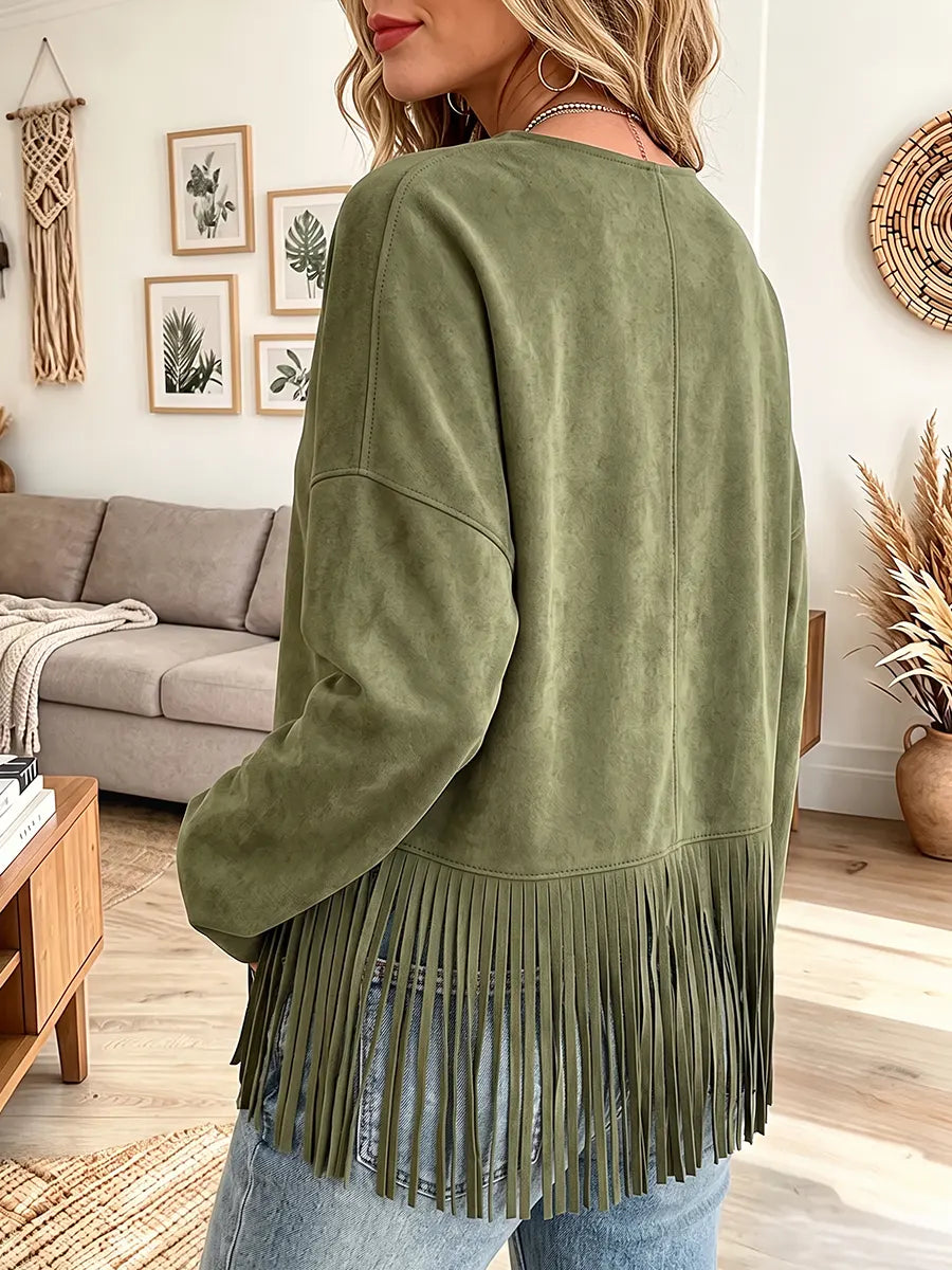 Vintage Elegant Suede Fringe Button Cardigan Jacket