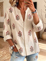 Retro Floral Pattern Art Print Casual Long Sleeve Cotton Linen Shirt