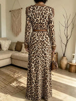 Women's Leopard Print Long-sleeve V-neck Cardigan Long Dress(Belt not included)