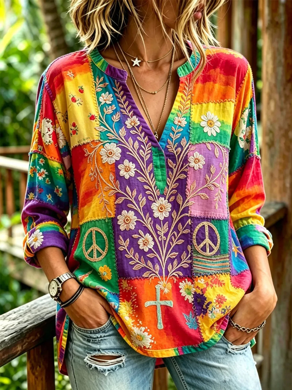 Women's Rainbow Patchwork Daisy Peace Cross Embroidery V-Neck 3/4 Sleeve Top