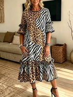 Retro Leopard Patchwork Pattern Art Print Casual Ruffle Stylish Cotton Linen Dress