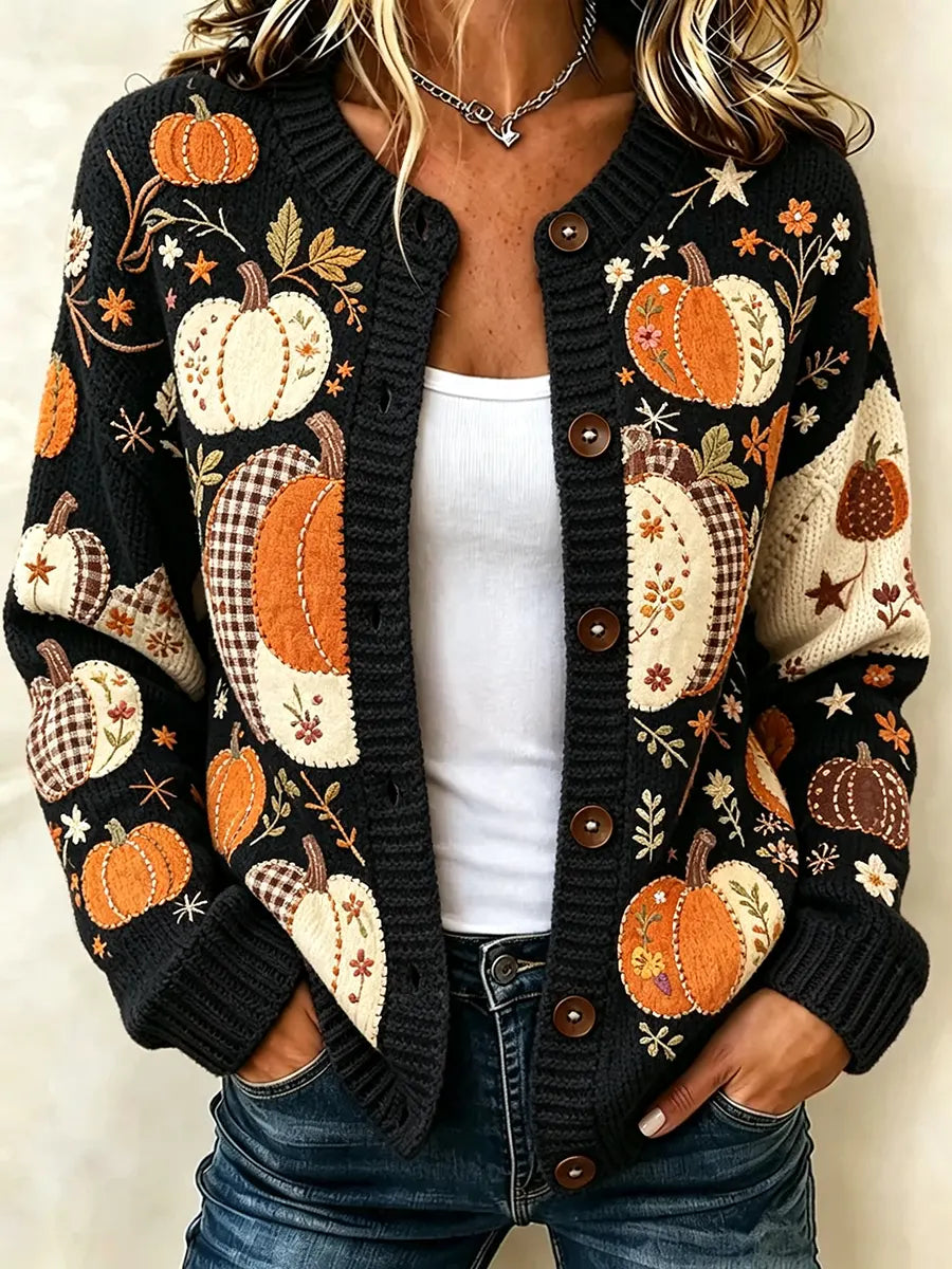 Women's Retro Vintage Autumn Halloween Pumpkin Art Print Knit Cardigan Top