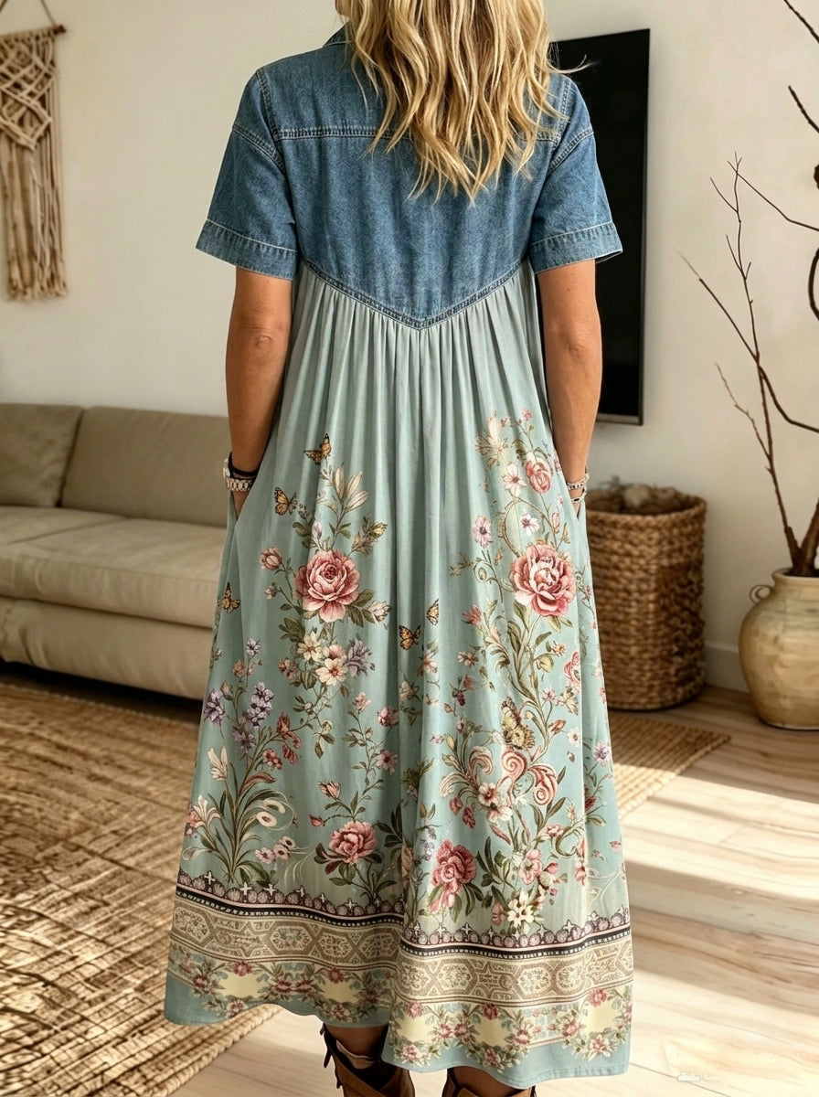 Women Denim Spliced Floral Butterfly Print Shirt Midi Dress With Pockets