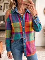 Vintage Elegant Denim Patchwork Waffle Off-shoulder Shirt