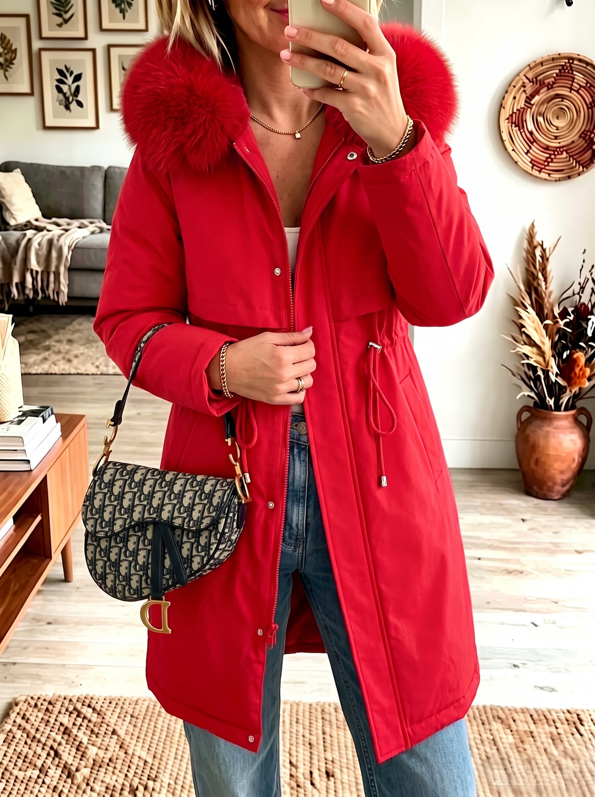 Faux Fur Hood Drawstring Waist Parka Coat Women Mid‑Length Winter Jacket