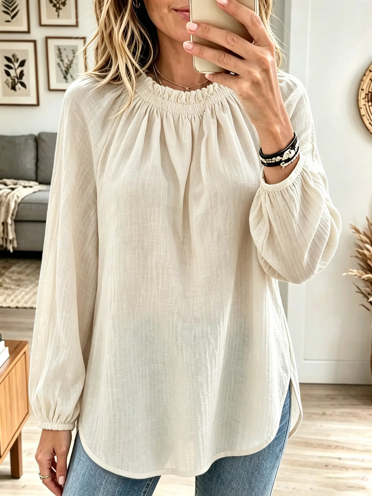Women's Ruffled High Neck Balloon Sleeve Blouse