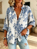 Retro Floral Pattern Art Print Casual Long Sleeve Cotton Linen Shirt