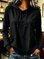 Women Solid Color Drawstring Hooded Long Sleeve Top With Pockets