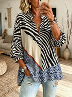 Women's Zebra Stripe Geometric Patchwork Print Stand Collar Bubble Sleeve Blouse