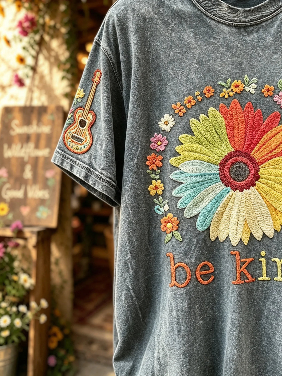 Unisex Rainbow Flower “Be Kind” Slogan Print Short Sleeve T-Shirt
