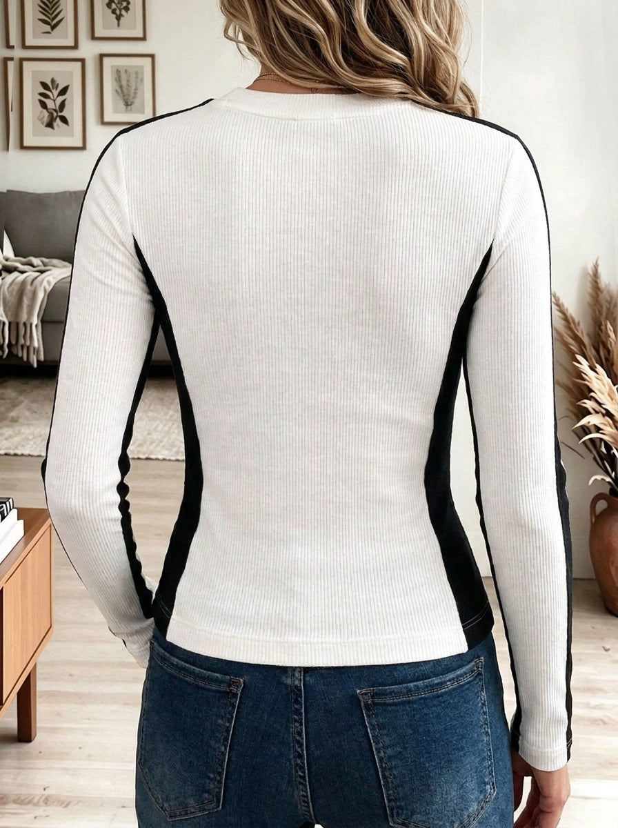 Women's White Ribbed Knit Long Sleeve Top with Contrast Black Side Paneling