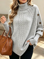 Women Raglan Sleeve Decorative Button Pullover Jumper Turtleneck Cable Knit Sweater,