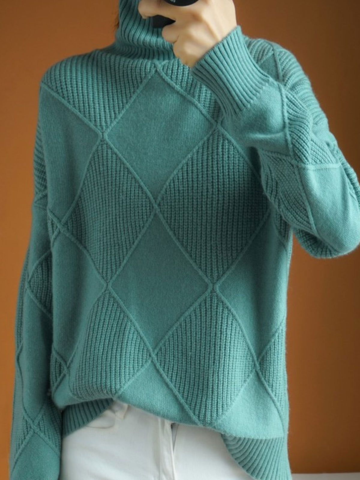 Diamond Cable Knit Turtleneck Sweater Women Loose Long Sleeve Pullover