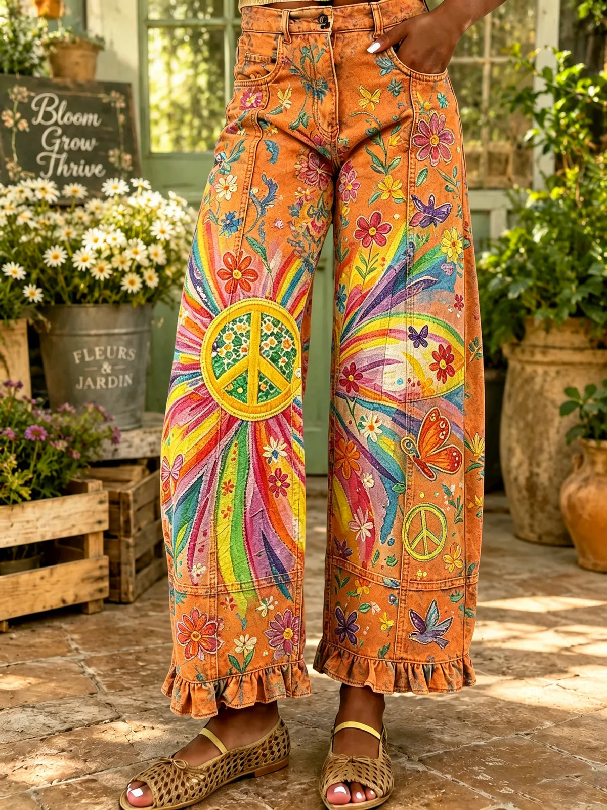 Women's Rainbow Peace Sign Butterfly Floral Tie Dye Print Ruffle Hem Wide Leg Cropped Jeans