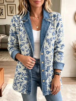 Retro Floral Pattern Art Casual Denim Patchwork Stylish Long Sleeve Coat