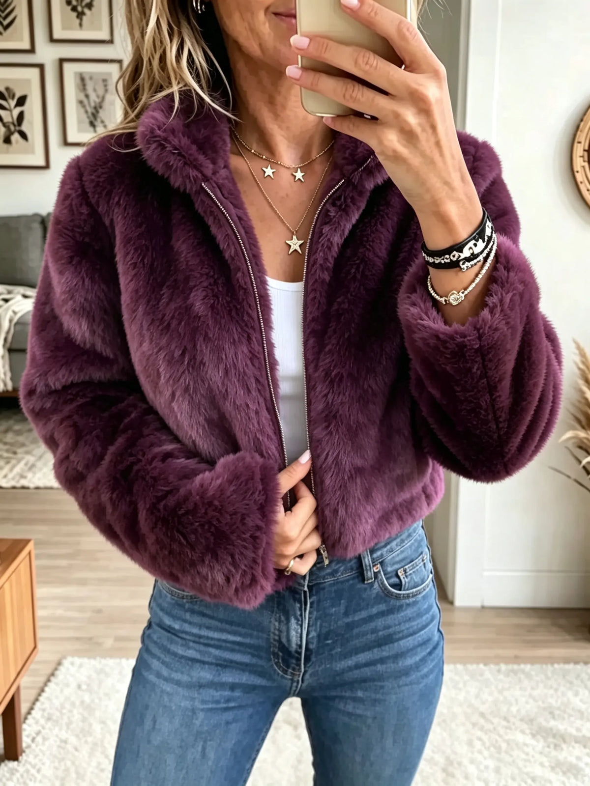 Women's Plush Faux Fur Zip-Up Bomber Jacket