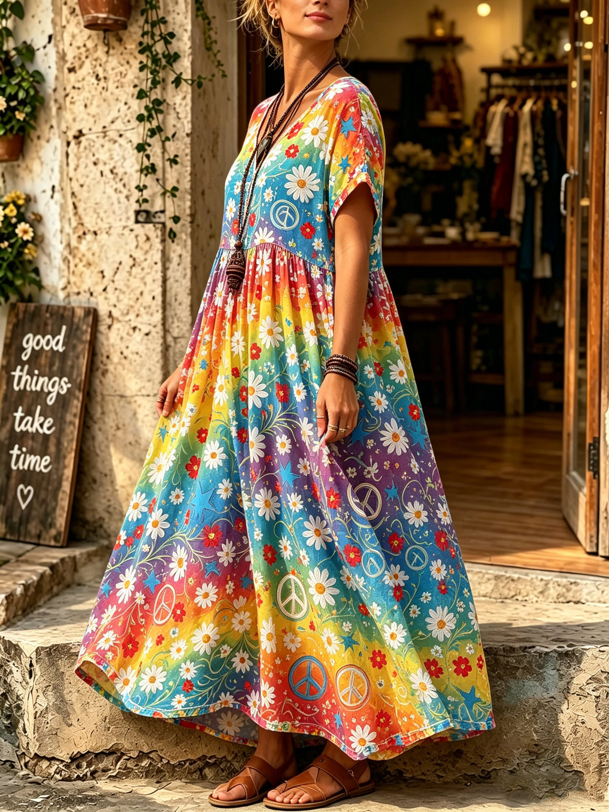 Women's Tie-Dye Daisy Peace Print Maxi Dress